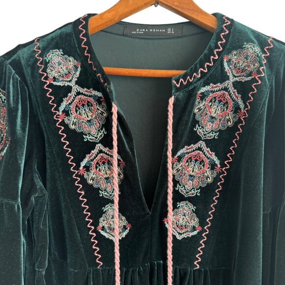 ZARA Woman Dark Green Velvet Embroidered Tunic Dress Size SMALL Boho Romantic - Picture 3 of 13